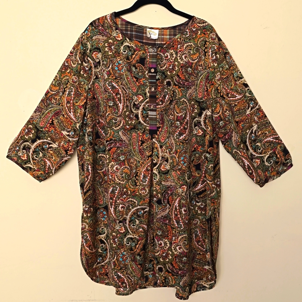 Fig & Flower Floral Paisley Tunic Top Flannel Side Slits 3/4 Sleeve Stretch 2X